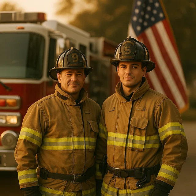 Two American firefighters beside their engine