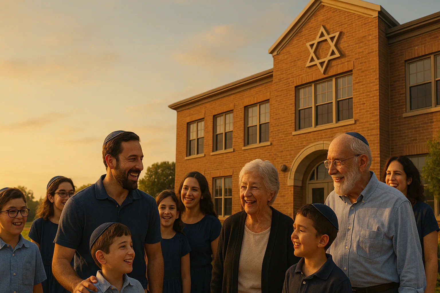 Jewish families gathered before a school with a Star of David