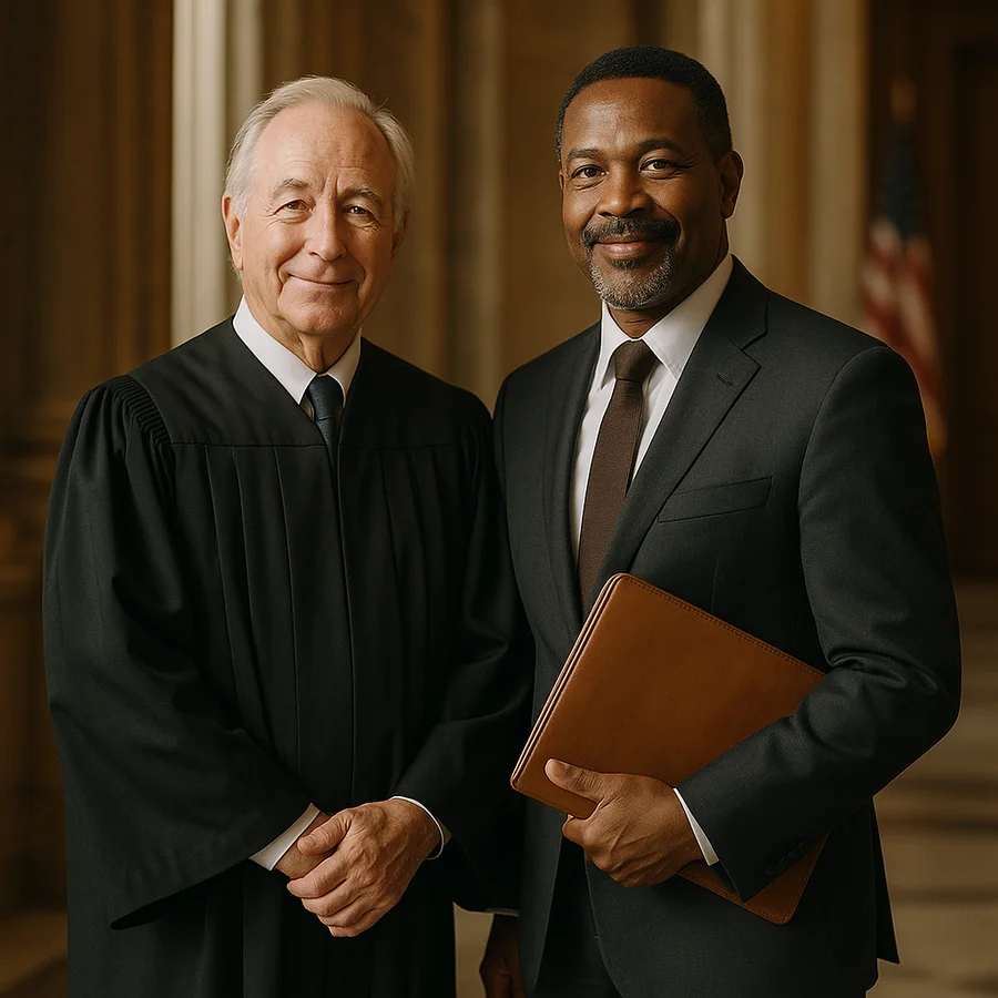 A judge in robes and an attorney standing together in a courthouse hall