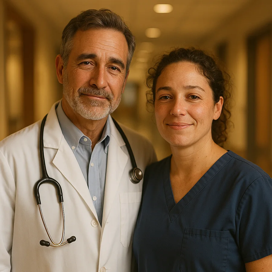 A doctor and a nurse standing together in a hospital corridor