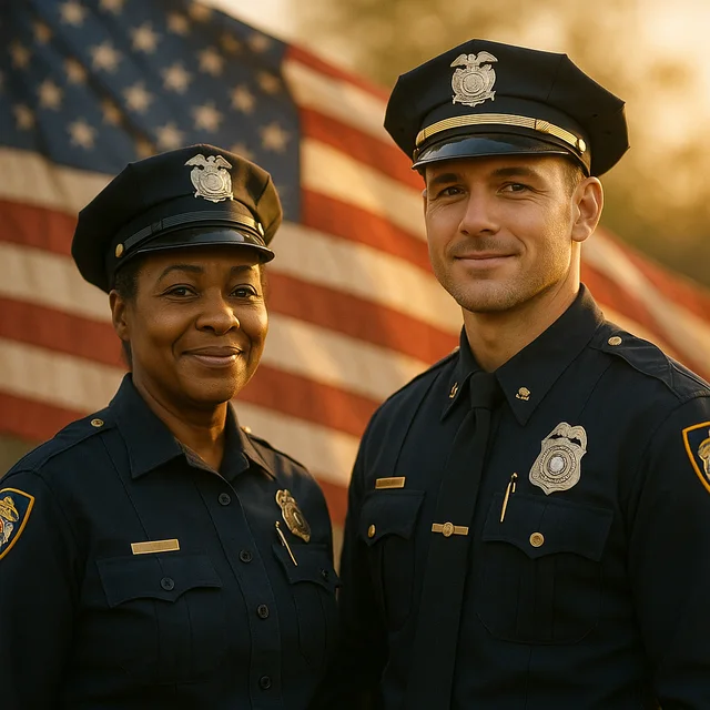 Two American police officers before the flag
