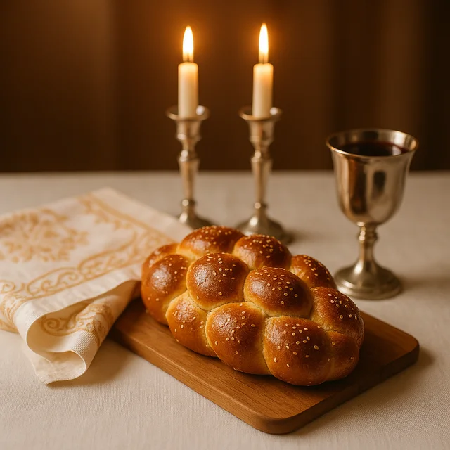 Shabbat table with challah, candles, and wine