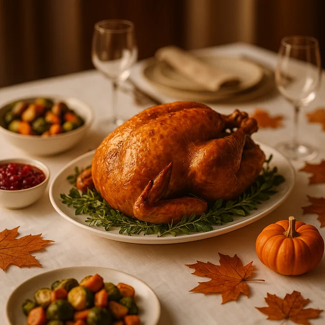 Thanksgiving table with a roasted turkey